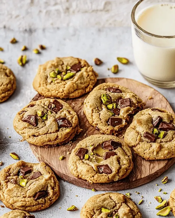 Brown butter pistachio cream cookies arranged on wooden serving board with glass of milk, showing pistachio cream centers and chocolate chunks
