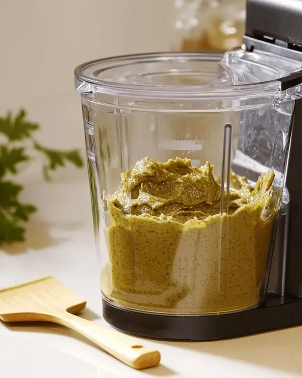 Pistachio Nut Butter: Ultimate Homemade Recipe 3 Vitamix blender containing smooth, creamy green pistachio nut butter during the blending process with rubber spatula nearby