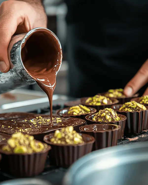 Can I Use Pistachio Butter for Dubai Chocolate? 3 Hand pouring melted chocolate and adding pistachio filling into molds