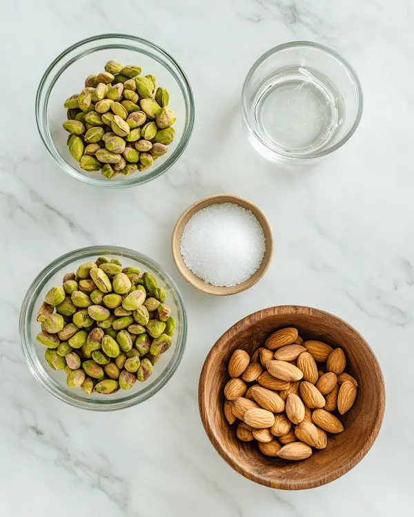 Sweet Pistachio Butter: Ultimate Spread Recipe 2 Ingredients for sweet pistachio butter including shelled pistachios, blanched almonds, sugar, hot water and salt arranged on marble counter