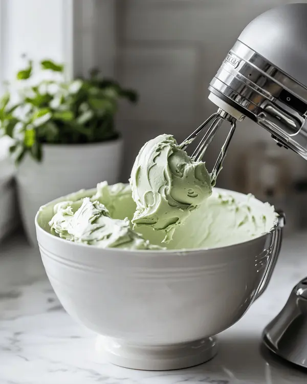 Pistachio Buttercream: Creamy Frosting Recipe 3 Stand mixer with paddle attachment beating light green pistachio buttercream to a smooth, creamy consistency
