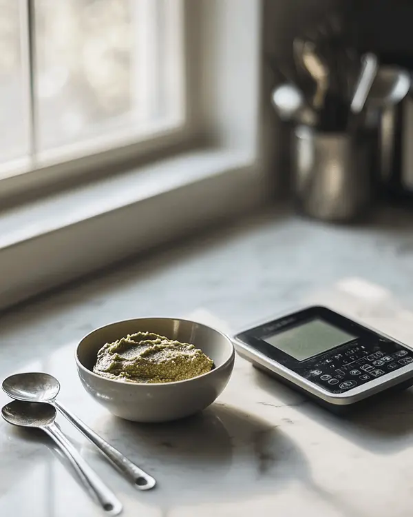 Pistachio Butter Calories: Nutritional Secrets 4 Digital kitchen scale with a bowl of pistachio butter and measuring spoons on the counter