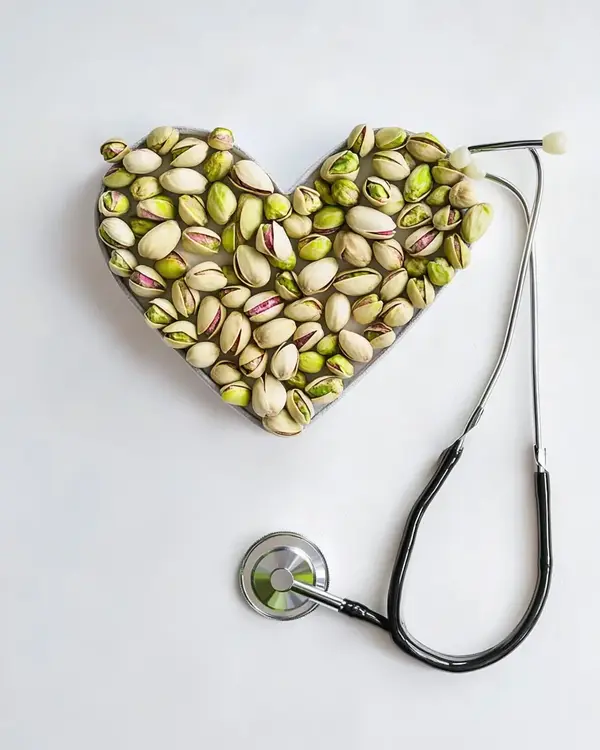 Pistachio Butter Benefits: 7 Health Rewards 2 Heart-shaped pistachio arrangement with stethoscope illustrating cardiovascular health benefits of pistachio butter