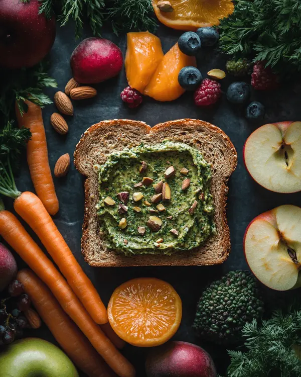 Pistachio Butter Calories: Nutritional Secrets 3 Pistachio butter on toast with fresh fruits and vegetables arranged around it