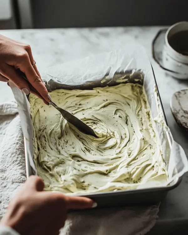 Pistachio Cream Gooey Butter Cake 3 Swirling pistachio butter into the cream cheese layer of the gooey butter cake.