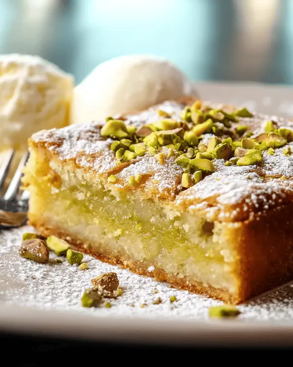 Pistachio Ooey Gooey Butter Cake Recipe 4 Slice of pistachio ooey gooey butter cake on white plate with vanilla ice cream, showing distinct crust and custard layers