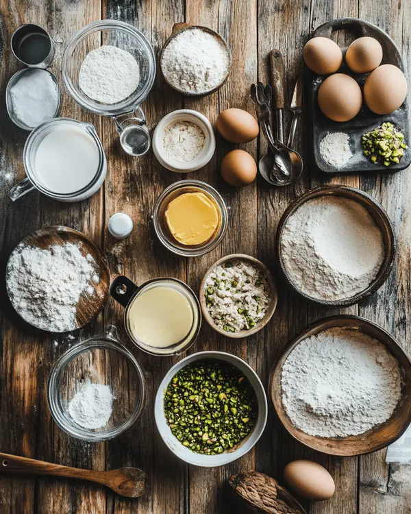 Ultimate Cake with Pistachio Butter Recipe 2 Flat lay of pistachio butter cake ingredients on a rustic table.