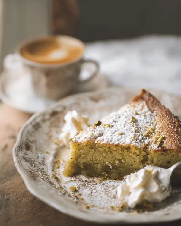 Gooey Pistachio Butter Cake 4 A slice of gooey pistachio butter cake served with whipped cream and espresso.