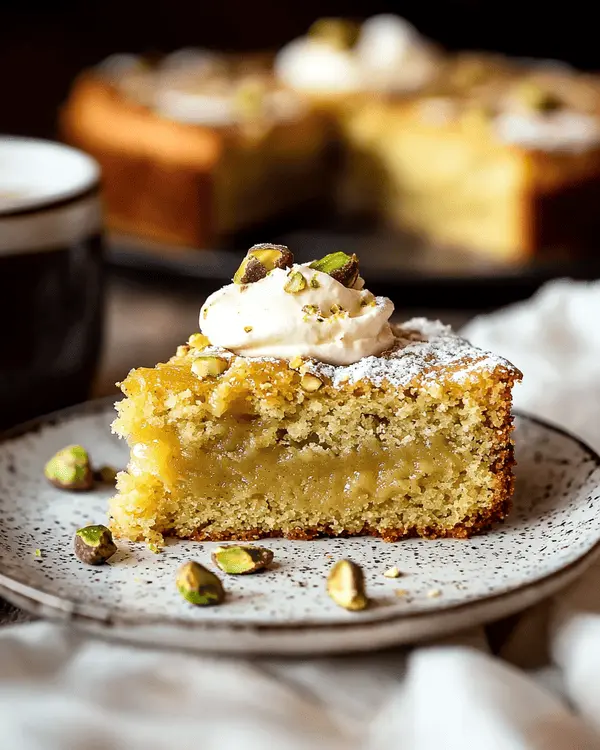 Pistachio Gooey Butter Cake 4 A slice of pistachio gooey butter cake with whipped cream and espresso on the side.