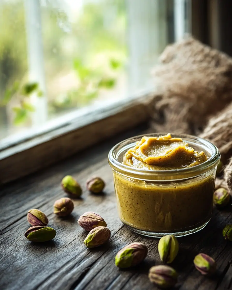 Pistachio Butter Calories: Nutritional Secrets 1 Jar of pistachio butter on a wooden kitchen table with natural light and scattered pistachios, pistachio butter calories