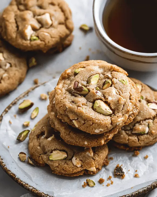 Brown butter pistachio white chocolate cookies served on a ceramic plate with tea.