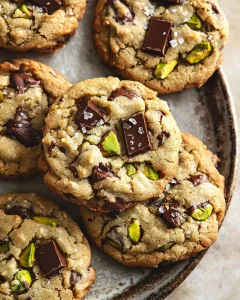 Stack of gooey pistachio butter cookies on a vintage plate with melty centers and flaky salt garnish.
