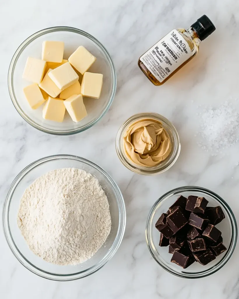 Ingredients for brown butter pistachio cream cookies laid out on marble counter including butter, flour, sugars, eggs, chocolate chunks, and pistachio cream