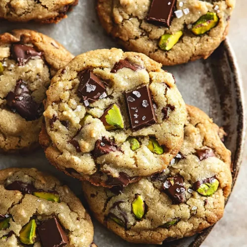 Pistachio Butter Cookies: Ultimate Recipe 5 Stack of gooey pistachio butter cookies on a vintage plate with melty centers and flaky salt garnish.