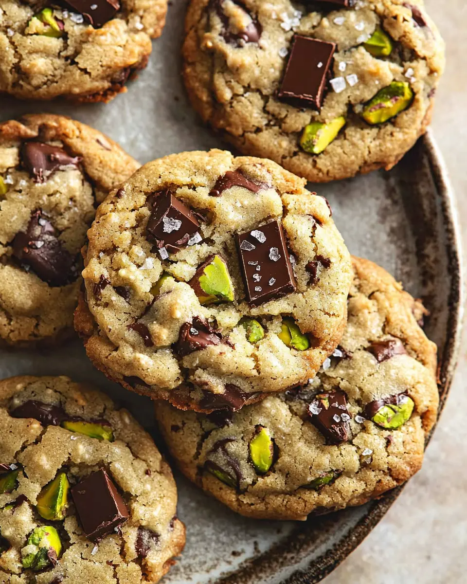 Pistachio Butter Cookies: Ultimate Recipe 1 Stack of gooey pistachio butter cookies on a vintage plate with melty centers and flaky salt garnish.