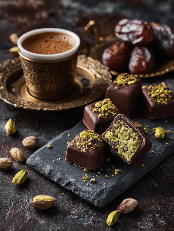 Pistachio Cream or Butter for Dubai Chocolate 4 Beautifully plated Dubai chocolate pieces with visible pistachio filling served alongside Turkish coffee and dates