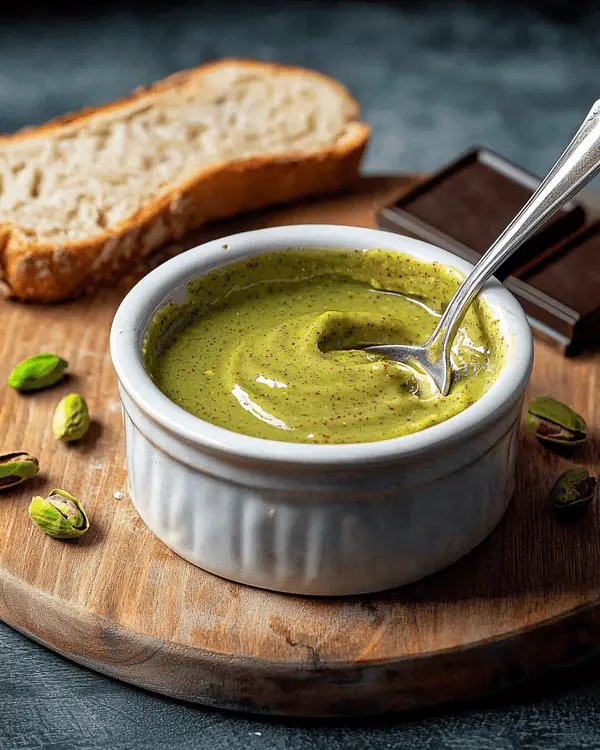 Best Pistachio Butter for Dubai Chocolate 4 Homemade pistachio butter served in white bowl with bread and Dubai chocolate pieces on wooden board