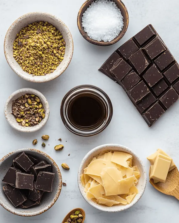 Can I Use Pistachio Butter for Dubai Chocolate? 2 Flat lay of pistachio butter, dark chocolate, toasted phyllo, coconut oil, and salt