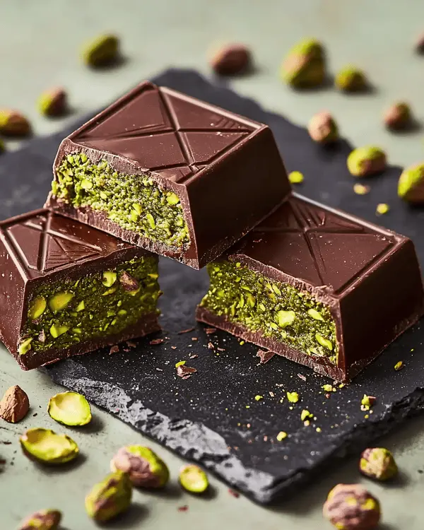 Pistachio Butter or Cream for Dubai Chocolate 4 Dubai chocolate bar broken in half showing vibrant green pistachio cream filling flowing out, garnished with whole pistachios