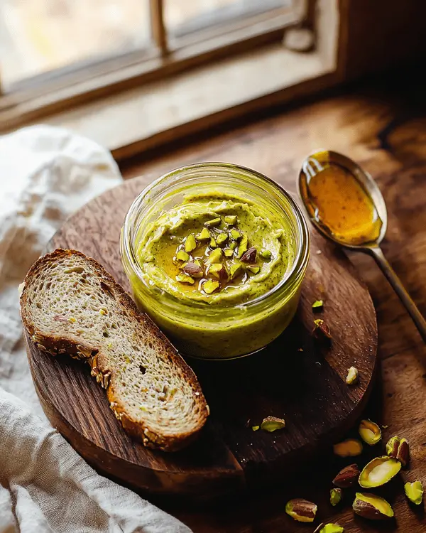 Pistachio Butter For Dubai Chocolate Recipe 4 Toast topped with homemade pistachio butter, honey drizzle and chopped pistachios on wooden board