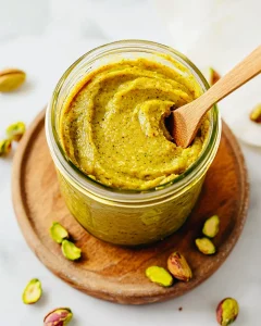Mason jar of homemade pistachio butter for Dubai chocolate recipe with wooden spoon and scattered pistachios