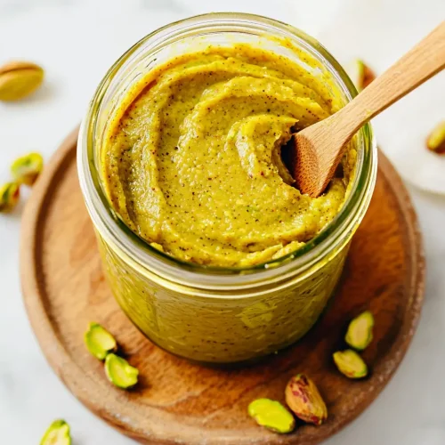 Mason jar of homemade pistachio butter for Dubai chocolate recipe with wooden spoon and scattered pistachios