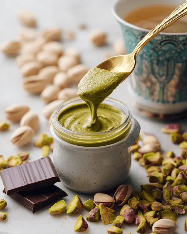 Homemade Pistachio Butter for Dubai Chocolate 4 Creamy pistachio butter served with dark chocolate and Middle Eastern tea.