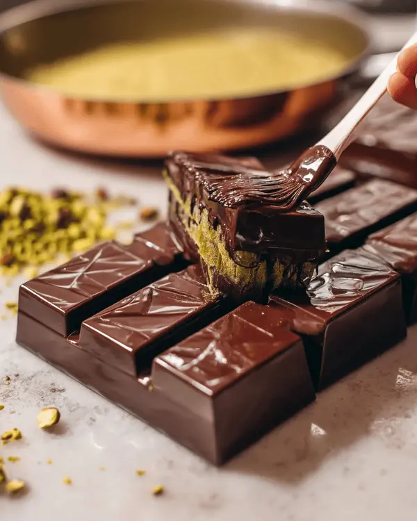 Dubai Chocolate Recipe with Pistachio Butter 3 Hands using silicone brush to spread melted chocolate in molds while making dubai chocolate recipe with pistachio butter