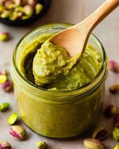 Jar of pistachio butter homemade with spoon and whole pistachios.