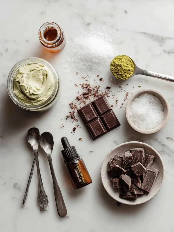 Pistachio Cream or Butter for Dubai Chocolate 2 Ingredients for Dubai chocolate laid out on marble surface including pistachio cream, pistachio butter, dark chocolate chunks, and sea salt