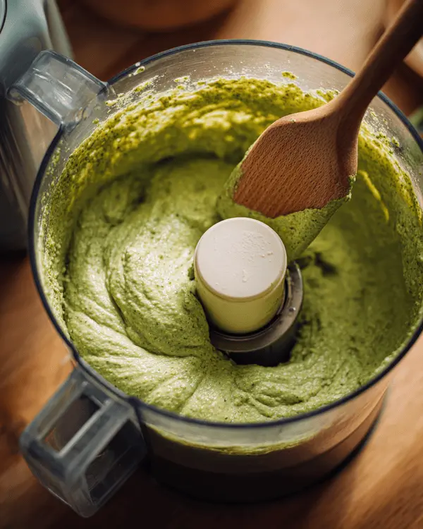 How to Make Pistachio Butter for Dubai Chocolate 3 Food processor making smooth pistachio butter with wooden spoon scraping sides