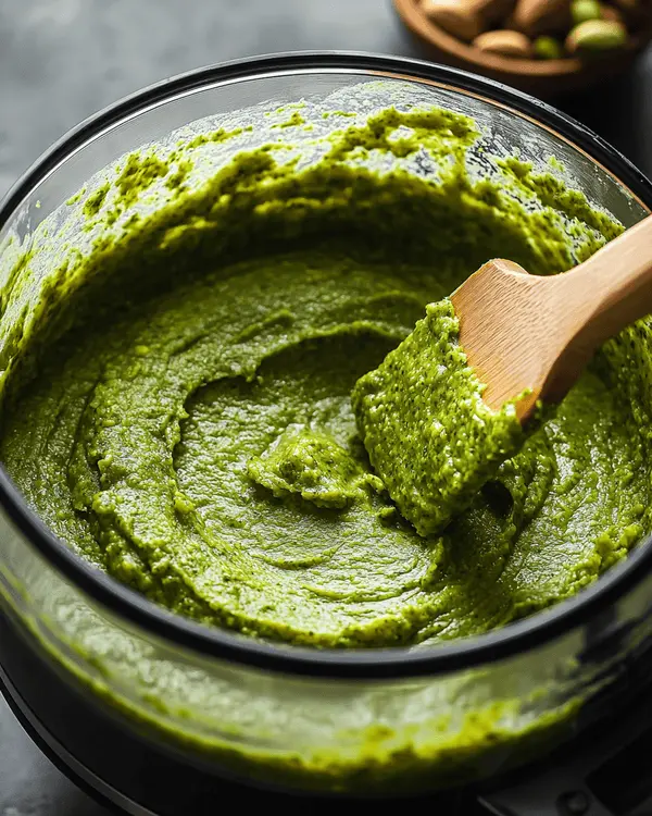 Best Pistachio Butter for Dubai Chocolate 3 Creamy pistachio butter being processed in food processor showing smooth, rich green texture