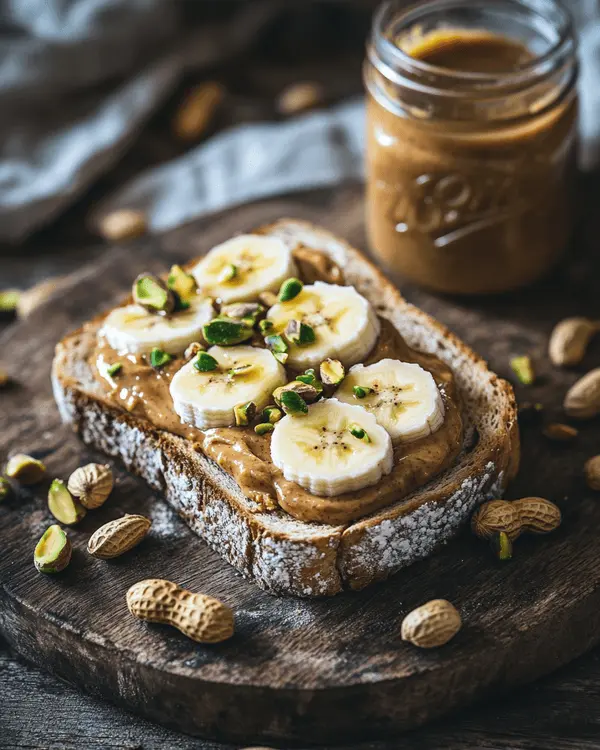 Peanut Butter Pistachio: Homemade Nut Butter 4 Whole grain toast topped with homemade peanut butter pistachio spread and banana slices, served on wooden board with jar of nut butter