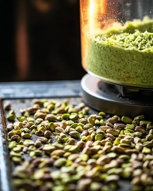Pistachio Butter for Dubai Chocolate 3 Food processor blending pistachios with a spatula nearby during butter preparation