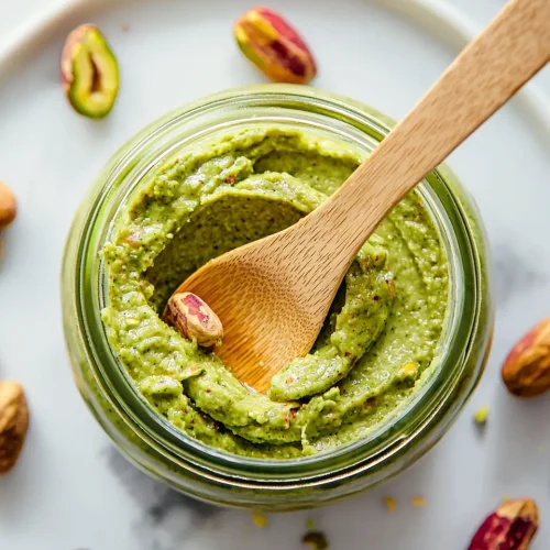 Creamy homemade pistachio butter recipes in glass mason jar with wooden spoon and scattered pistachios on marble background