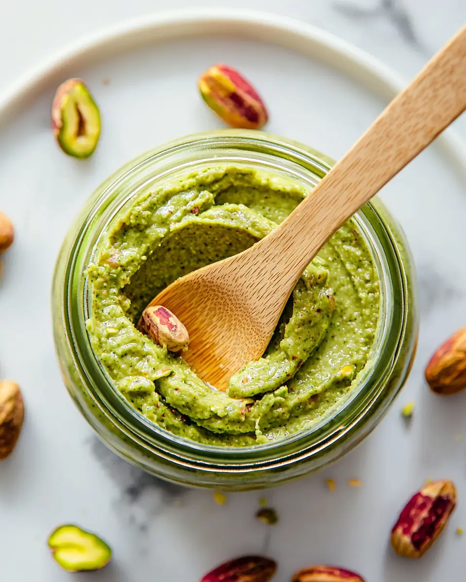 Pistachio Butter Recipes: Homemade Magic 1 Creamy homemade pistachio butter recipes in glass mason jar with wooden spoon and scattered pistachios on marble background
