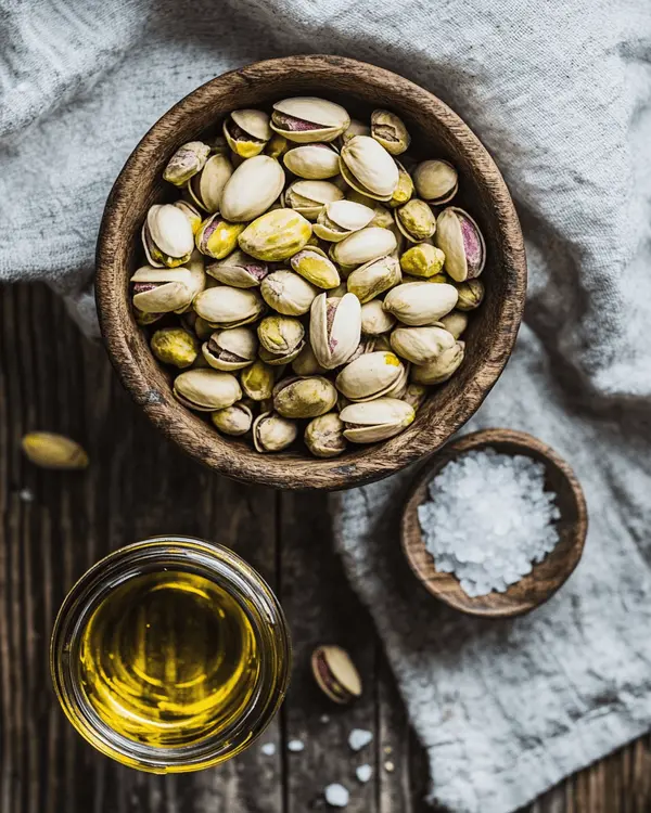 Pistachio Butter for Dubai Chocolate 2 Raw pistachios, oil, and salt displayed on a wooden countertop in natural light
