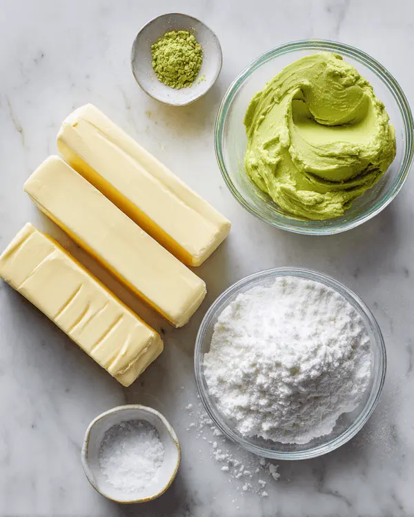 Ultimate Pistachio Cream Butter Recipe 2 Pistachio cream butter ingredients including softened butter, pistachio paste, powdered sugar, and kosher salt arranged on marble countertop