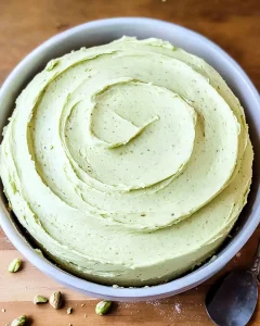 Elegant layer cake covered in smooth pale green pistachio buttercream frosting on rustic wooden table with scattered pistachios