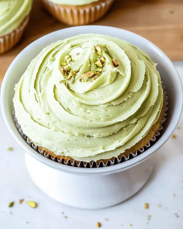 Pistachio Buttercream: Creamy Frosting Recipe 4 Vanilla cupcakes topped with swirled pistachio buttercream frosting and chopped pistachios on white cake stand