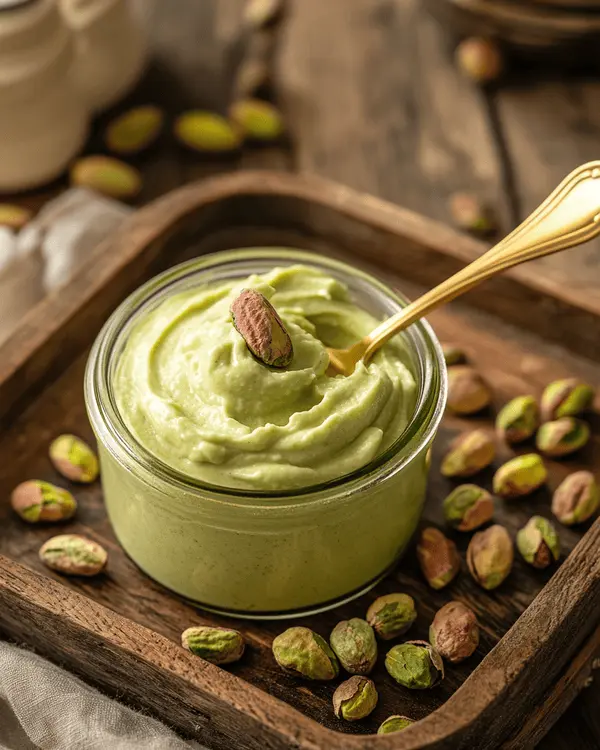 Pistachio Cream vs Butter: Ultimate Guide 4 Pistachio cream served in a small glass jar with gold spoon on a rustic wooden tray, garnished with whole pistachios