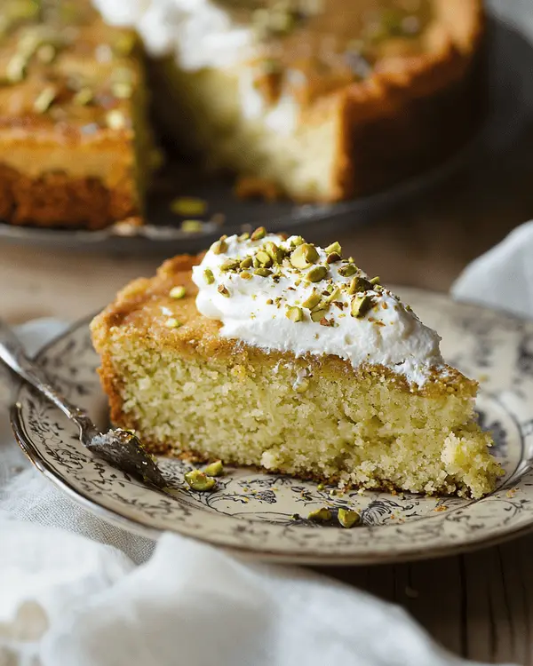 Pistachio Cake with Pistachio Butter 4 A slice of pistachio cake served with whipped cream and chopped pistachios on a vintage plate.
