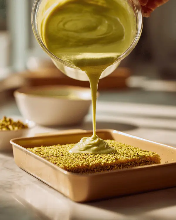 Pistachio Ooey Gooey Butter Cake Recipe 3 Pistachio custard mixture being poured over pressed crust layer in baking dish during cake preparation