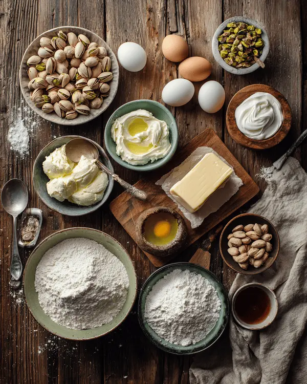 Gooey Pistachio Butter Cake 2 Flat lay of ingredients for gooey pistachio butter cake including pistachios, cream cheese, butter, and eggs.