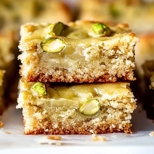 Pistachio Gooey Butter Cake 5 Full pistachio gooey butter cake in a pan with golden edges and green swirls.
