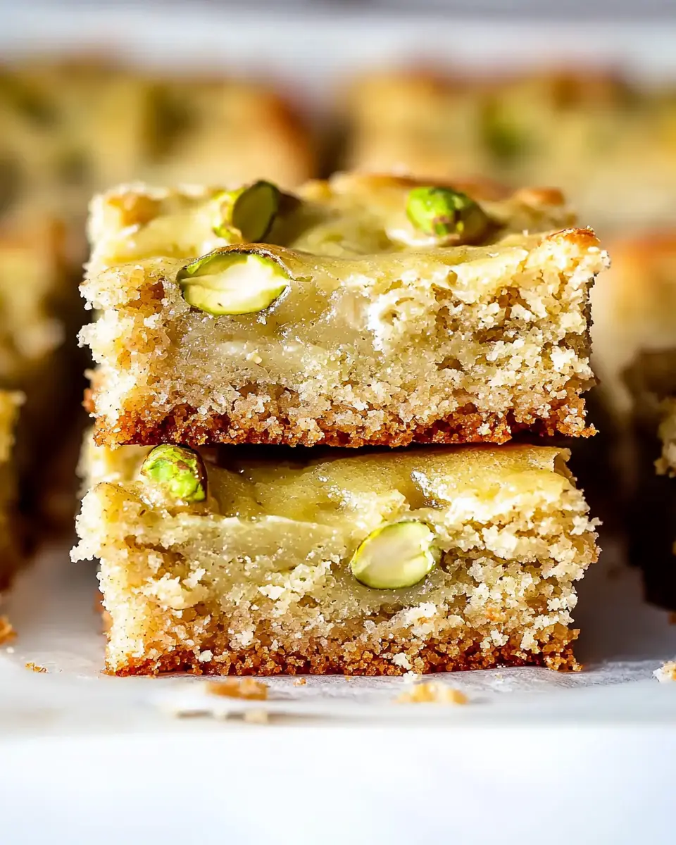 Pistachio Gooey Butter Cake 1 Full pistachio gooey butter cake in a pan with golden edges and green swirls.