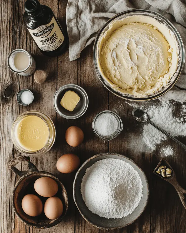 Pistachio Cream Gooey Butter Cake 2 Flat lay of pistachio gooey butter cake ingredients arranged neatly on a rustic countertop.