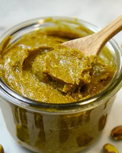 Glass jar of homemade pistachio nut butter with wooden spoon and scattered pistachios on marble surface