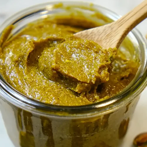 Glass jar of homemade pistachio nut butter with wooden spoon and scattered pistachios on marble surface