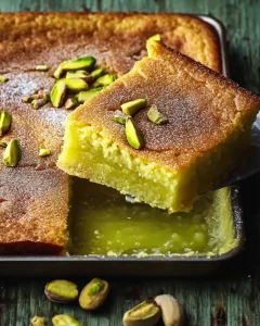 Hero shot of pistachio ooey gooey butter cake in baking dish with one slice being lifted to show gooey layers
